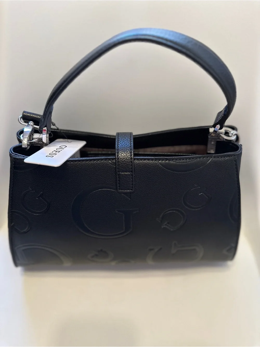GUESS Black Embossed G Logo Satchel with Silver Hardware